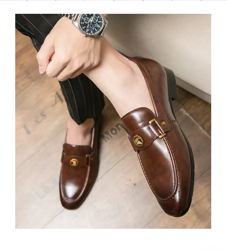 Men Business Dress Casual Fashion Elegant Formal Shoes Slip-on Evening Dress Loafers Party Metal Buckle Wedding Leather Shoes