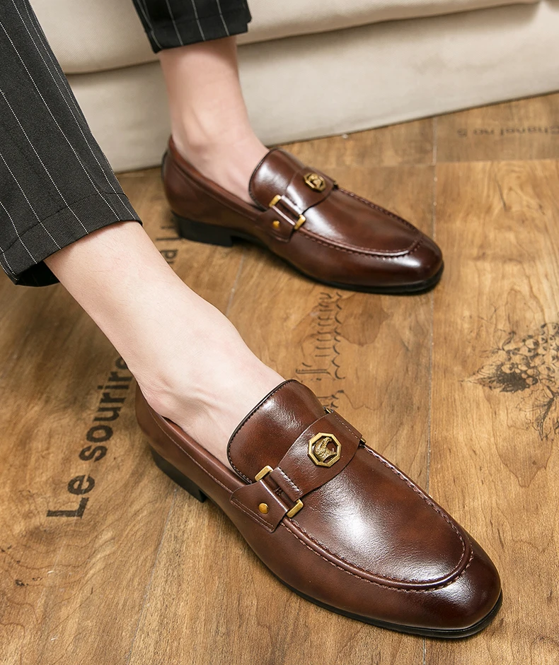 Men Business Dress Casual Fashion Elegant Formal Shoes Slip-on Evening Dress Loafers Party Metal Buckle Wedding Leather Shoes