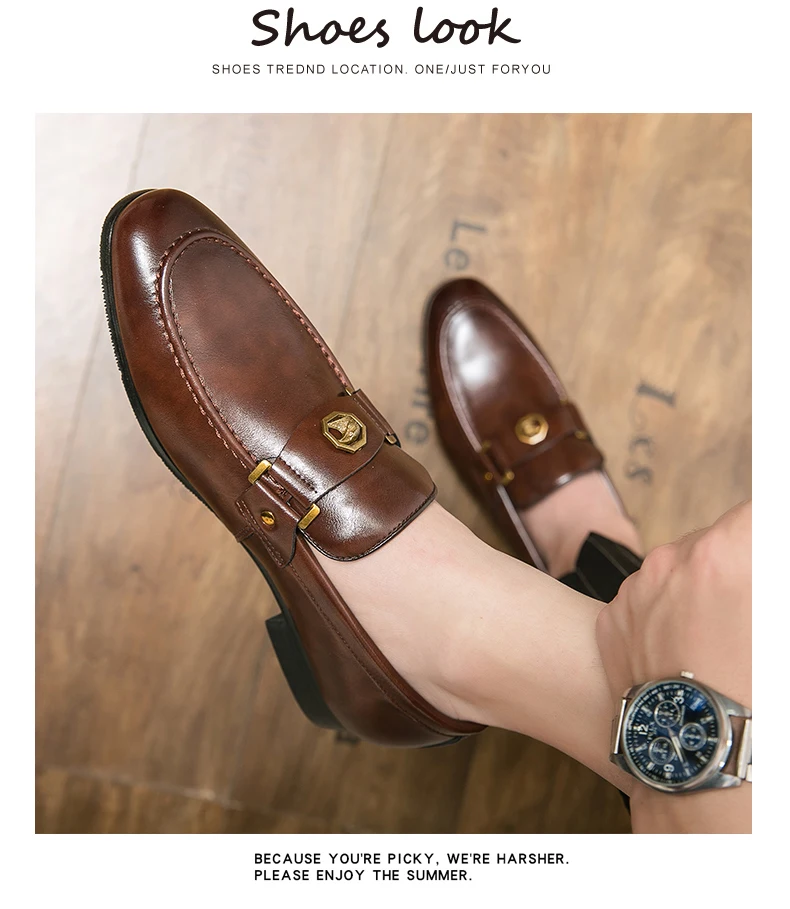 Men Business Dress Casual Fashion Elegant Formal Shoes Slip-on Evening Dress Loafers Party Metal Buckle Wedding Leather Shoes