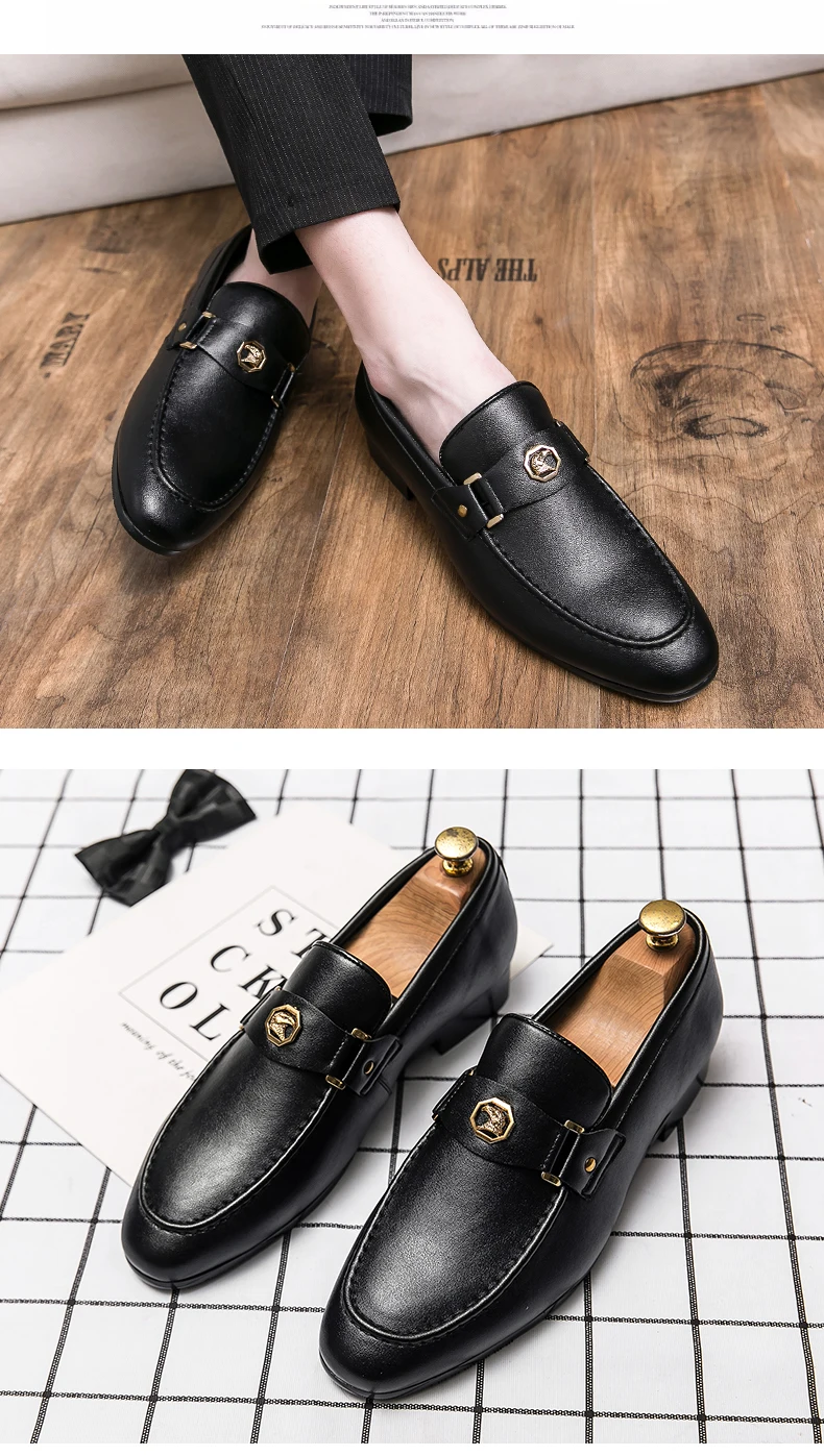 Men Business Dress Casual Fashion Elegant Formal Shoes Slip-on Evening Dress Loafers Party Metal Buckle Wedding Leather Shoes