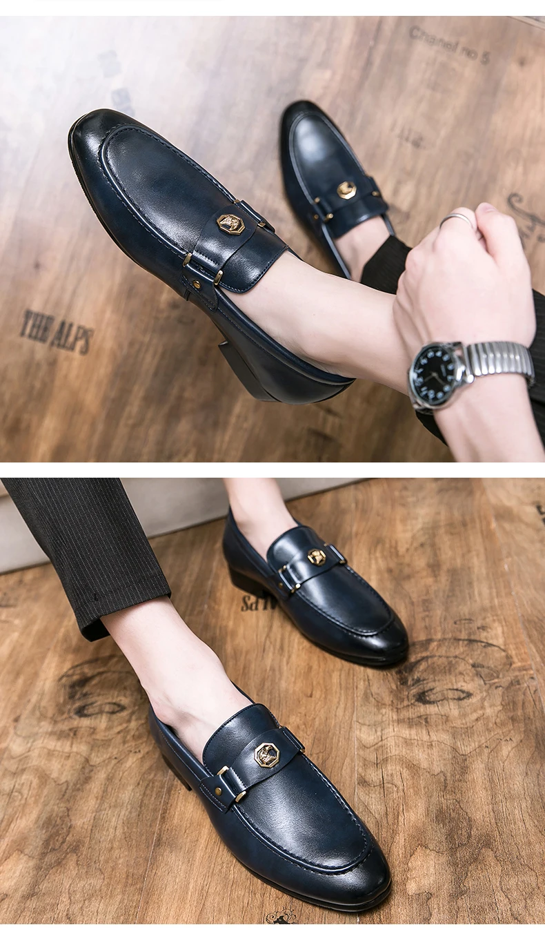Men Business Dress Casual Fashion Elegant Formal Shoes Slip-on Evening Dress Loafers Party Metal Buckle Wedding Leather Shoes