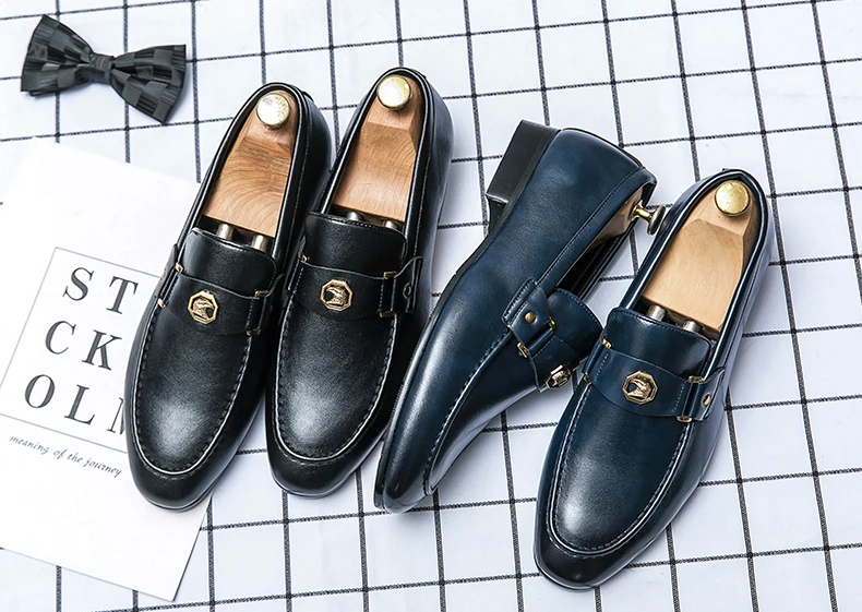 Men Business Dress Casual Fashion Elegant Formal Shoes Slip-on Evening Dress Loafers Party Metal Buckle Wedding Leather Shoes