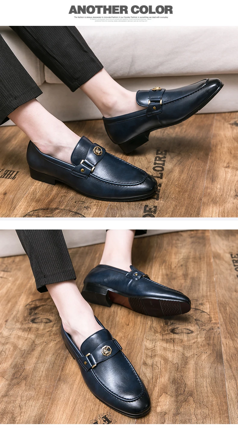 Men Business Dress Casual Fashion Elegant Formal Shoes Slip-on Evening Dress Loafers Party Metal Buckle Wedding Leather Shoes