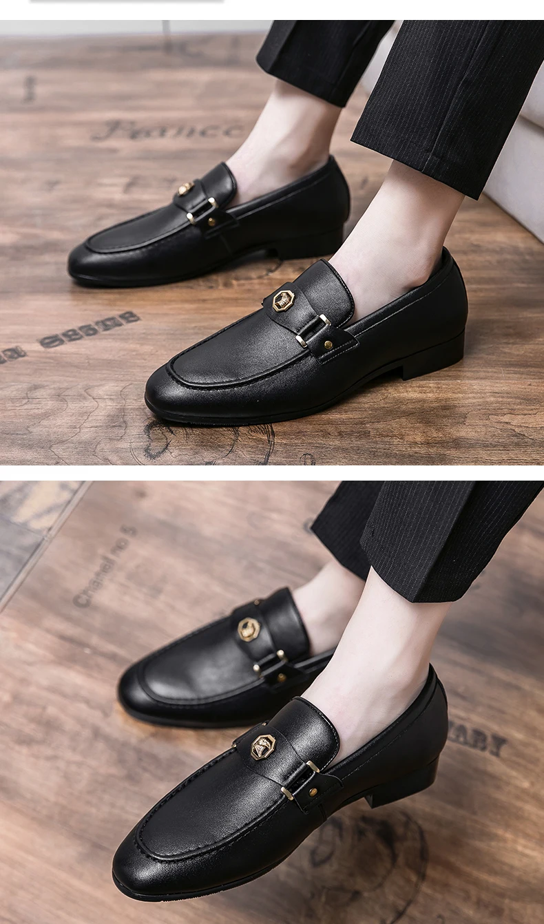 Men Business Dress Casual Fashion Elegant Formal Shoes Slip-on Evening Dress Loafers Party Metal Buckle Wedding Leather Shoes