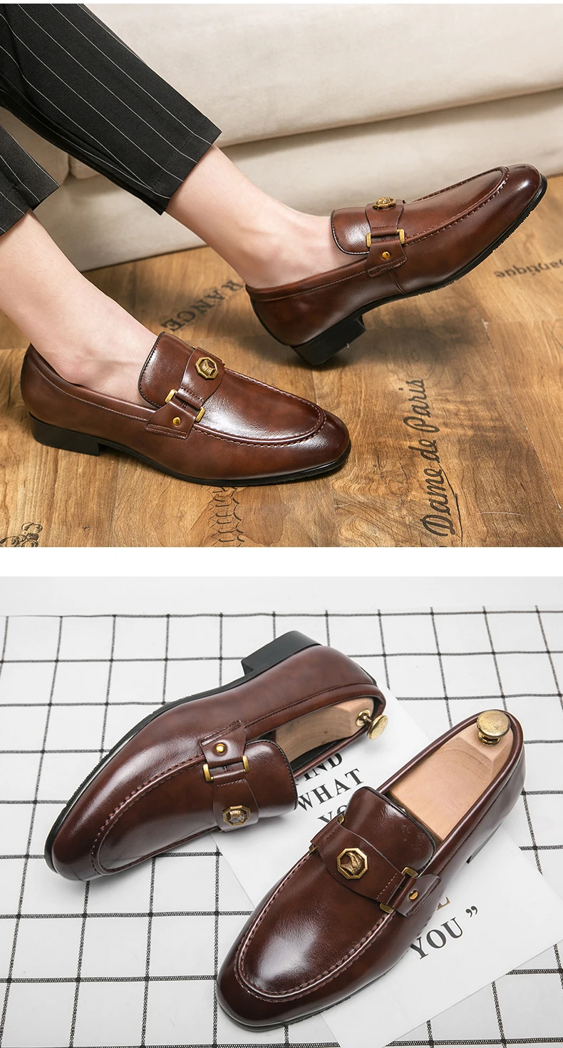 Men Business Dress Casual Fashion Elegant Formal Shoes Slip-on Evening Dress Loafers Party Metal Buckle Wedding Leather Shoes