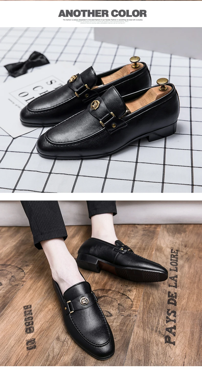 Men Business Dress Casual Fashion Elegant Formal Shoes Slip-on Evening Dress Loafers Party Metal Buckle Wedding Leather Shoes