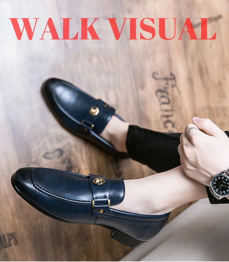 Men Business Dress Casual Fashion Elegant Formal Shoes Slip-on Evening Dress Loafers Party Metal Buckle Wedding Leather Shoes