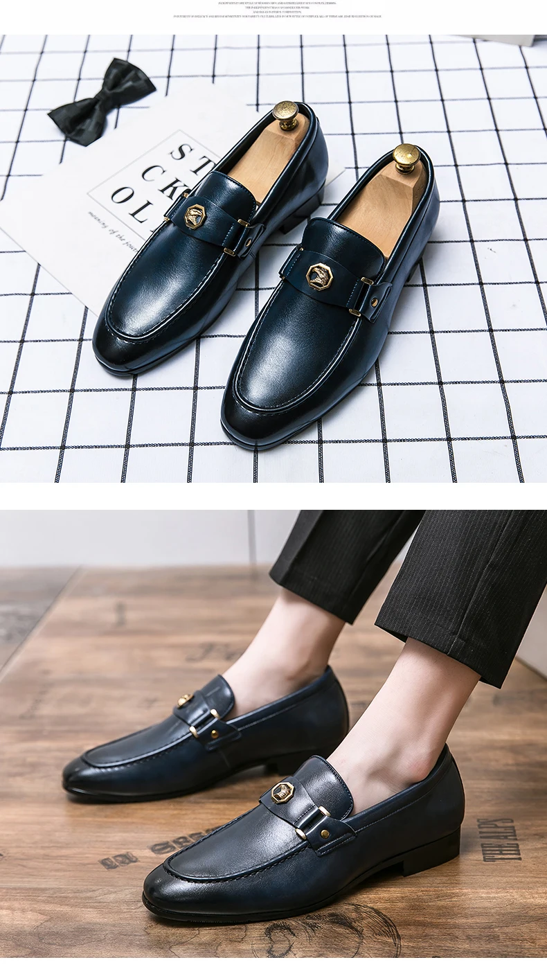 Men Business Dress Casual Fashion Elegant Formal Shoes Slip-on Evening Dress Loafers Party Metal Buckle Wedding Leather Shoes