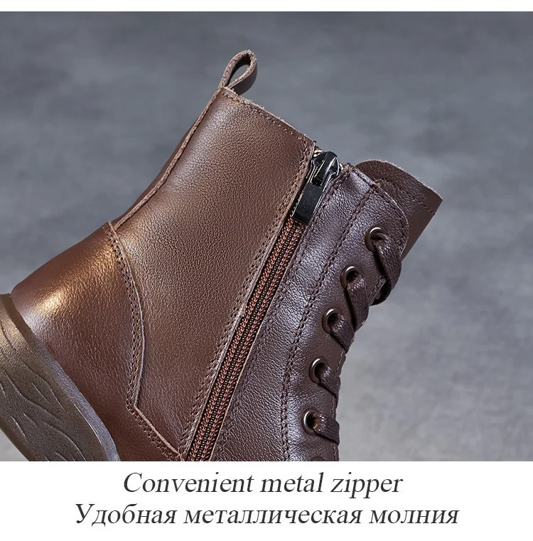 DRKANOL Women Genuine Leather Short Boots Round Toe Genuine Leather Handmade Retro Street Style Winter Warm Flats Ankle Boots