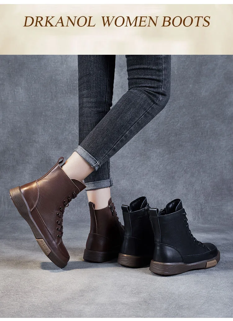 DRKANOL Women Genuine Leather Short Boots Round Toe Genuine Leather Handmade Retro Street Style Winter Warm Flats Ankle Boots