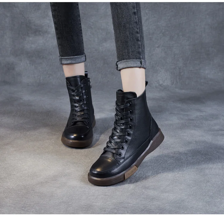 DRKANOL Women Genuine Leather Short Boots Round Toe Genuine Leather Handmade Retro Street Style Winter Warm Flats Ankle Boots
