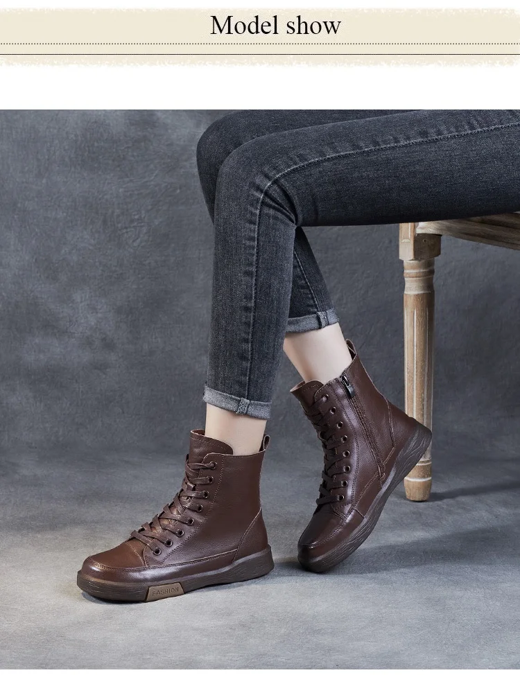DRKANOL Women Genuine Leather Short Boots Round Toe Genuine Leather Handmade Retro Street Style Winter Warm Flats Ankle Boots