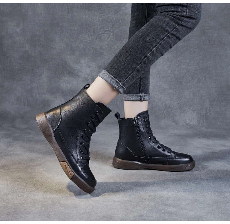 DRKANOL Women Genuine Leather Short Boots Round Toe Genuine Leather Handmade Retro Street Style Winter Warm Flats Ankle Boots