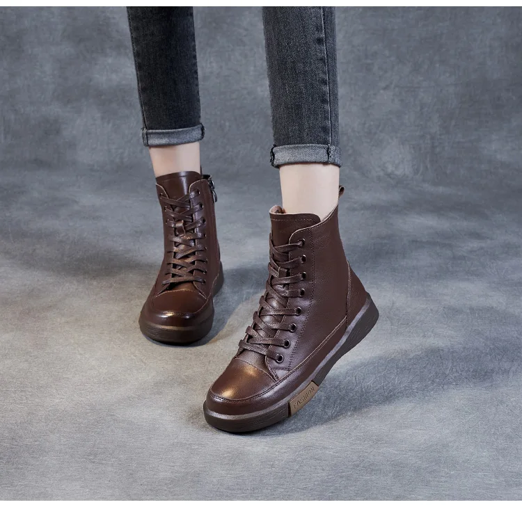 DRKANOL Women Genuine Leather Short Boots Round Toe Genuine Leather Handmade Retro Street Style Winter Warm Flats Ankle Boots