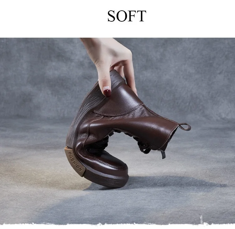 DRKANOL Women Genuine Leather Short Boots Round Toe Genuine Leather Handmade Retro Street Style Winter Warm Flats Ankle Boots