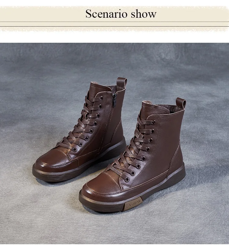 DRKANOL Women Genuine Leather Short Boots Round Toe Genuine Leather Handmade Retro Street Style Winter Warm Flats Ankle Boots