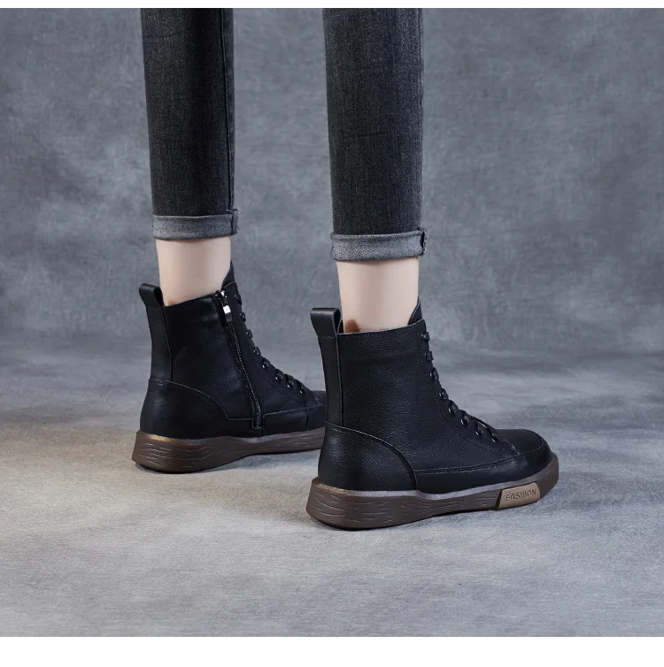 DRKANOL Women Genuine Leather Short Boots Round Toe Genuine Leather Handmade Retro Street Style Winter Warm Flats Ankle Boots