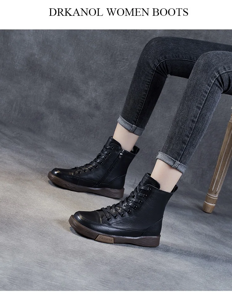DRKANOL Women Genuine Leather Short Boots Round Toe Genuine Leather Handmade Retro Street Style Winter Warm Flats Ankle Boots