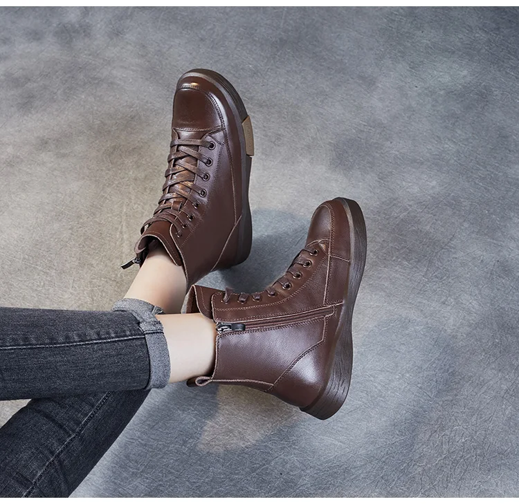 DRKANOL Women Genuine Leather Short Boots Round Toe Genuine Leather Handmade Retro Street Style Winter Warm Flats Ankle Boots
