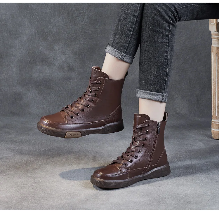 DRKANOL Women Genuine Leather Short Boots Round Toe Genuine Leather Handmade Retro Street Style Winter Warm Flats Ankle Boots