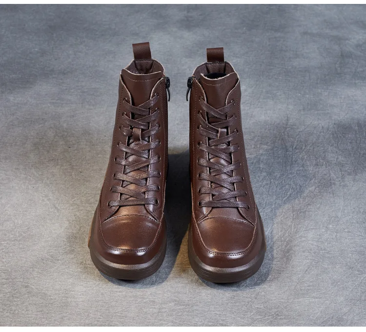 DRKANOL Women Genuine Leather Short Boots Round Toe Genuine Leather Handmade Retro Street Style Winter Warm Flats Ankle Boots