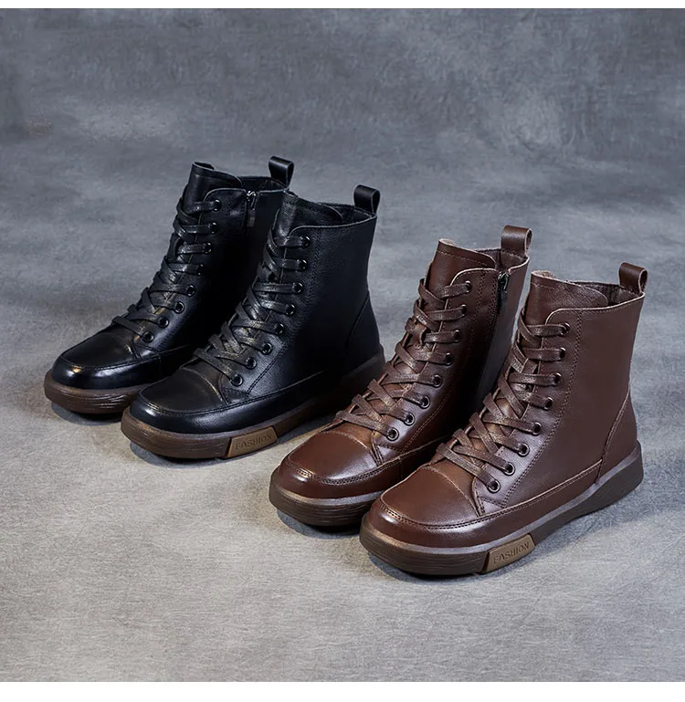 DRKANOL Women Genuine Leather Short Boots Round Toe Genuine Leather Handmade Retro Street Style Winter Warm Flats Ankle Boots