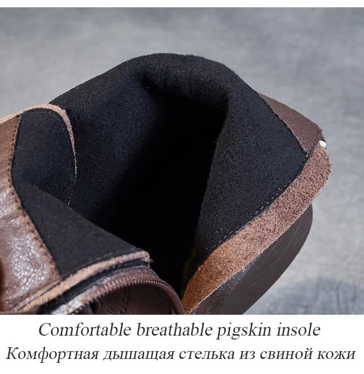 DRKANOL Women Genuine Leather Short Boots Round Toe Genuine Leather Handmade Retro Street Style Winter Warm Flats Ankle Boots