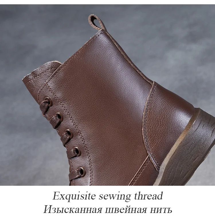 DRKANOL Women Genuine Leather Short Boots Round Toe Genuine Leather Handmade Retro Street Style Winter Warm Flats Ankle Boots