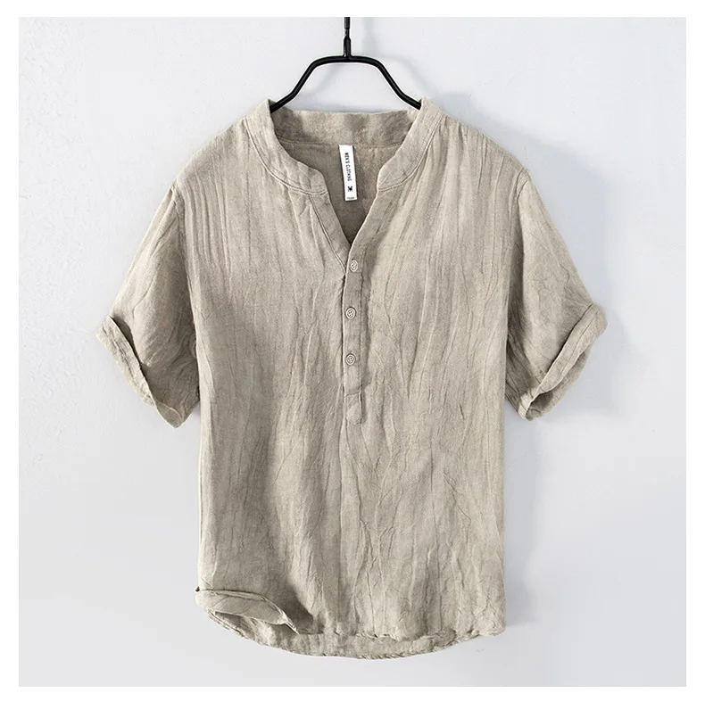 Summer Summer Vintage 100% Linen Short Sleeve T-Shirt for Men Breathable Thin Solid Color Slim Tops BL888