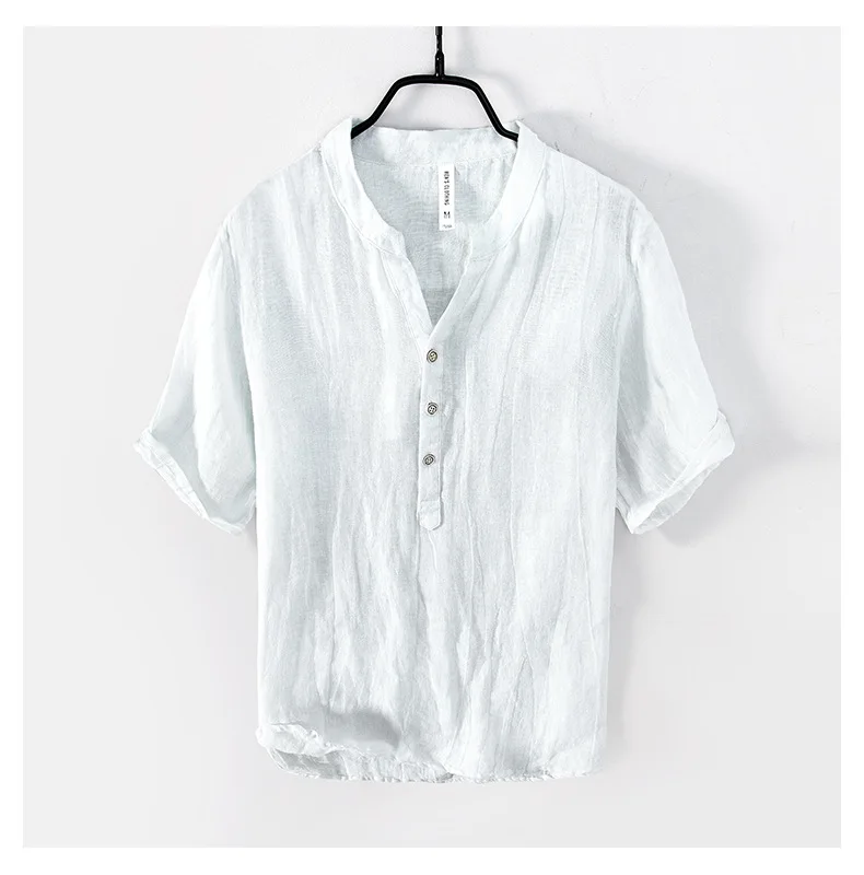 Summer Summer Vintage 100% Linen Short Sleeve T-Shirt for Men Breathable Thin Solid Color Slim Tops BL888
