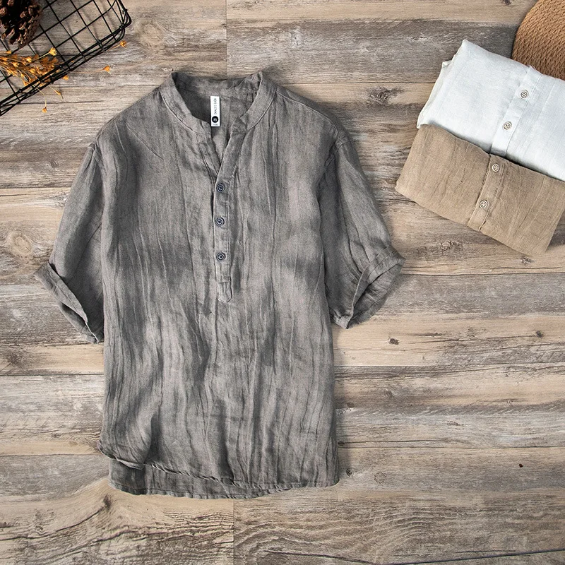 Summer Summer Vintage 100% Linen Short Sleeve T-Shirt for Men Breathable Thin Solid Color Slim Tops BL888
