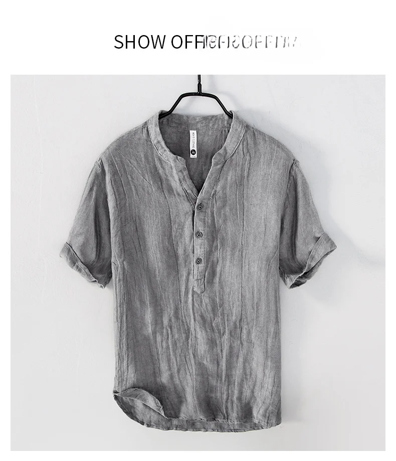 Summer Summer Vintage 100% Linen Short Sleeve T-Shirt for Men Breathable Thin Solid Color Slim Tops BL888
