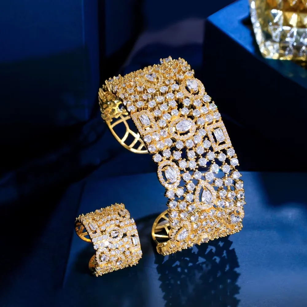 CWWZircons Luxury Chunky Cubic Zirconia Inlay Wide Big Open Cuff Bangle and Ring Dubai Wedding Bridal Party Jewelry Sets T0190