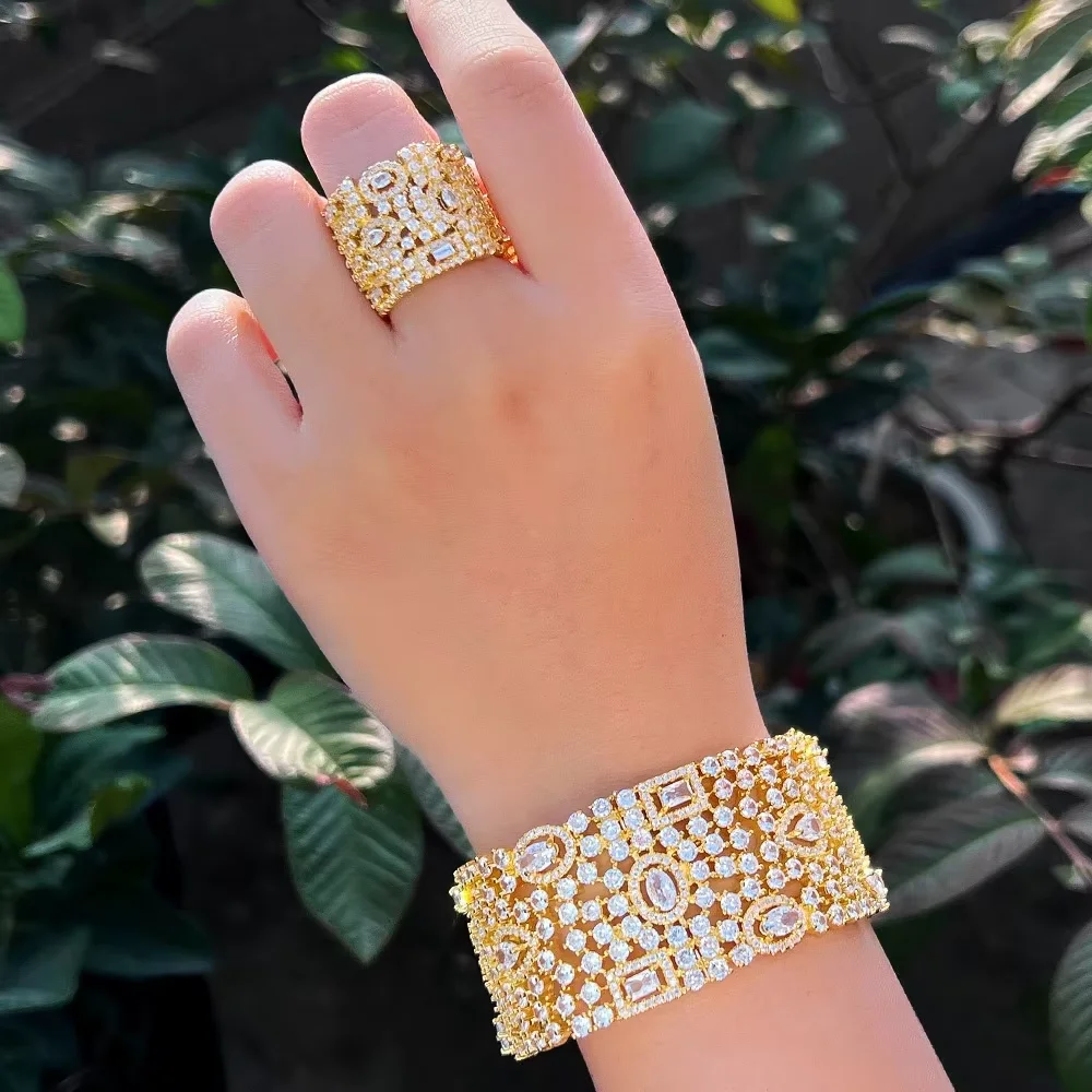 CWWZircons Luxury Chunky Cubic Zirconia Inlay Wide Big Open Cuff Bangle and Ring Dubai Wedding Bridal Party Jewelry Sets T0190