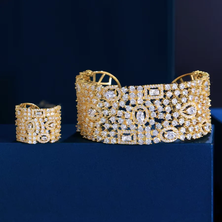 CWWZircons Luxury Chunky Cubic Zirconia Inlay Wide Big Open Cuff Bangle and Ring Dubai Wedding Bridal Party Jewelry Sets T0190