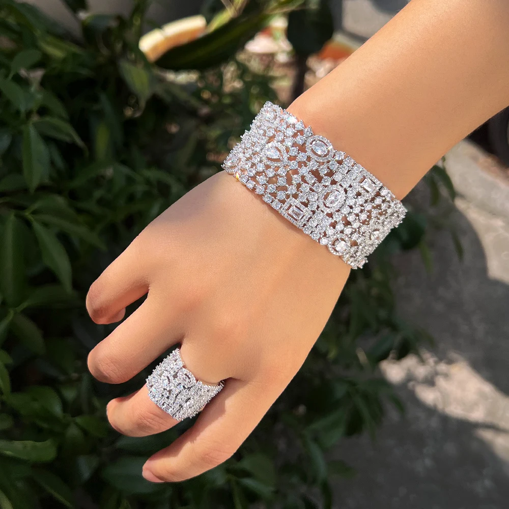 CWWZircons Luxury Chunky Cubic Zirconia Inlay Wide Big Open Cuff Bangle and Ring Dubai Wedding Bridal Party Jewelry Sets T0190