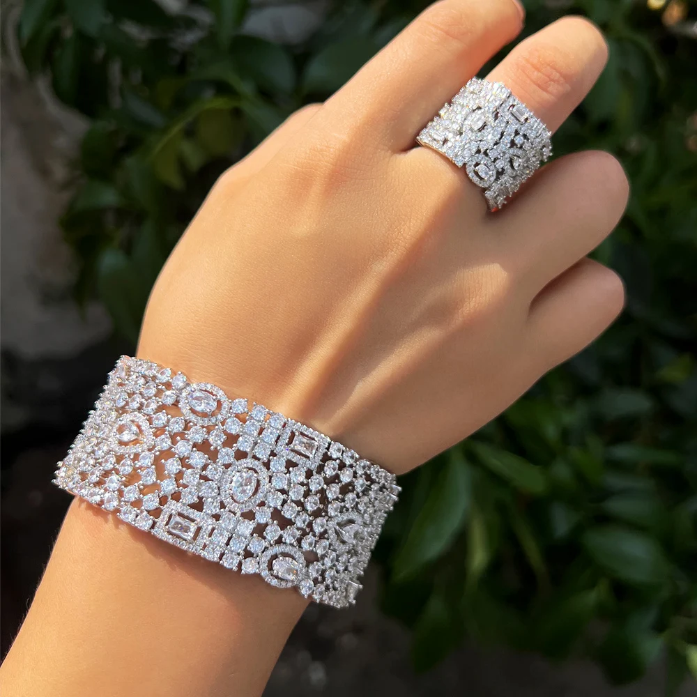 CWWZircons Luxury Chunky Cubic Zirconia Inlay Wide Big Open Cuff Bangle and Ring Dubai Wedding Bridal Party Jewelry Sets T0190