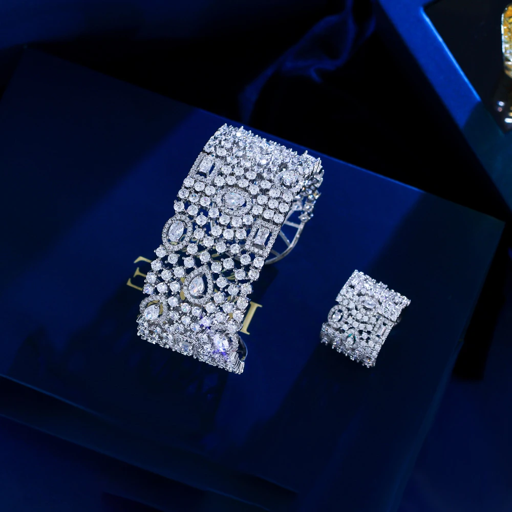 CWWZircons Luxury Chunky Cubic Zirconia Inlay Wide Big Open Cuff Bangle and Ring Dubai Wedding Bridal Party Jewelry Sets T0190