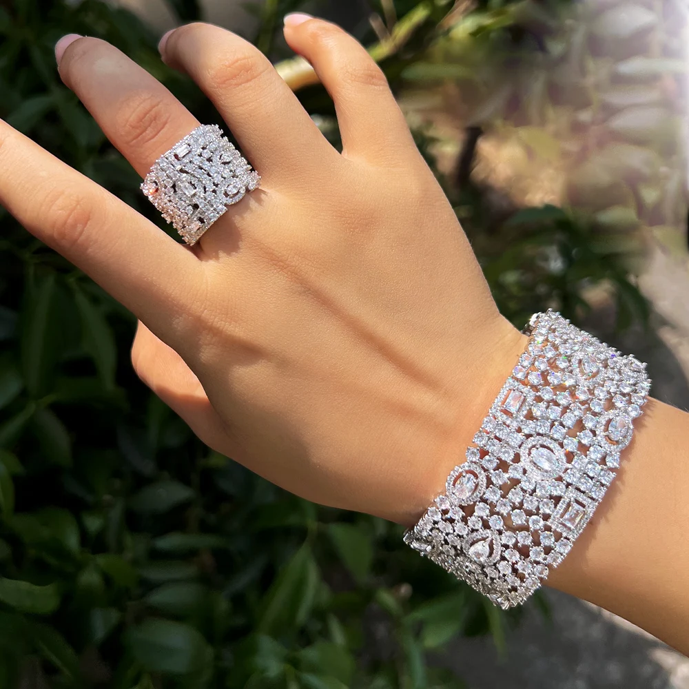 CWWZircons Luxury Chunky Cubic Zirconia Inlay Wide Big Open Cuff Bangle and Ring Dubai Wedding Bridal Party Jewelry Sets T0190