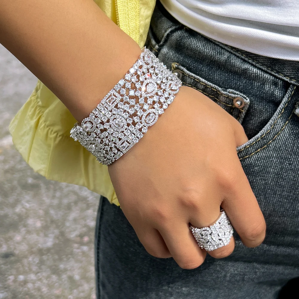 CWWZircons Luxury Chunky Cubic Zirconia Inlay Wide Big Open Cuff Bangle and Ring Dubai Wedding Bridal Party Jewelry Sets T0190