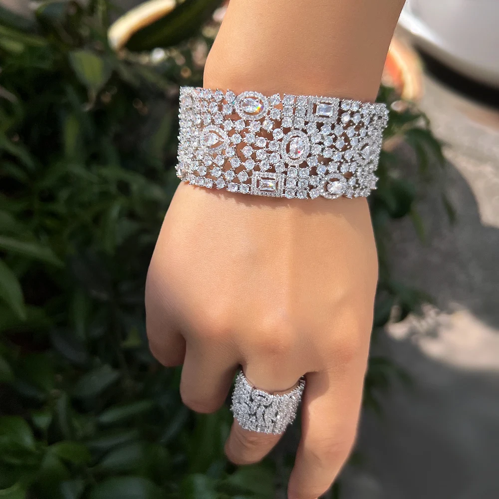 CWWZircons Luxury Chunky Cubic Zirconia Inlay Wide Big Open Cuff Bangle and Ring Dubai Wedding Bridal Party Jewelry Sets T0190