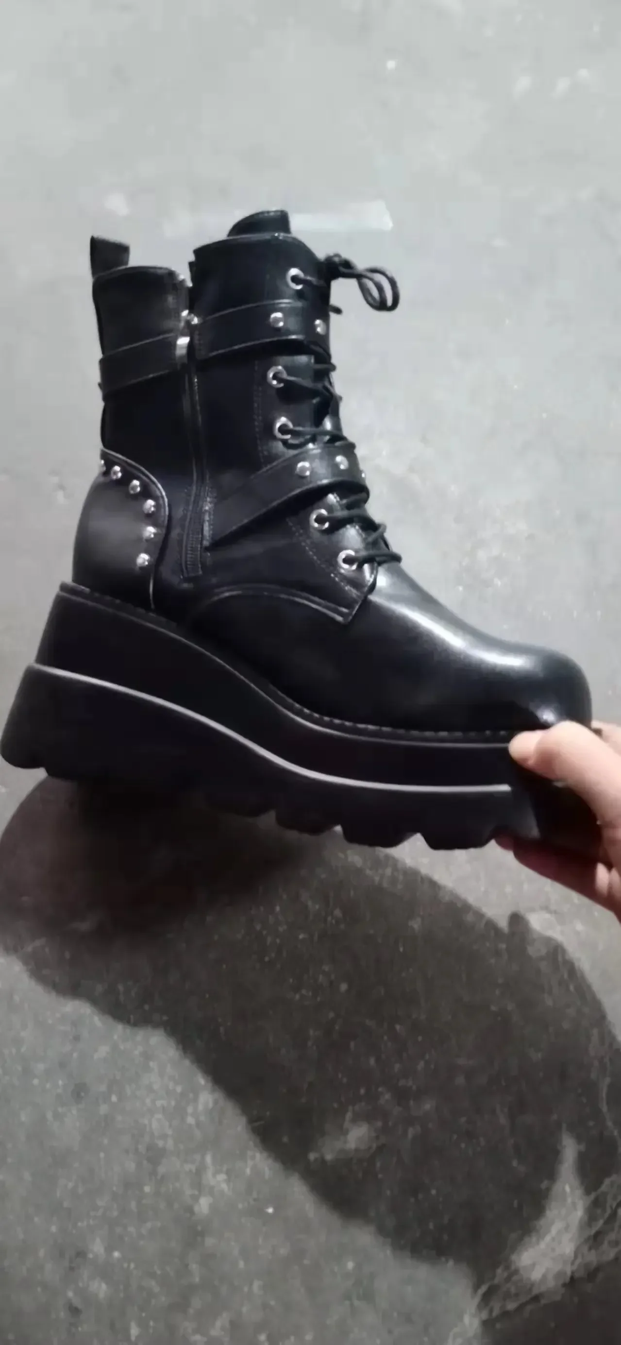 New Women's Pu Leather Ankle Boots Women Autumn Winter Round Toe Lace Up Shoes Woman Motorcycle Platform Botas Gothic Shoes