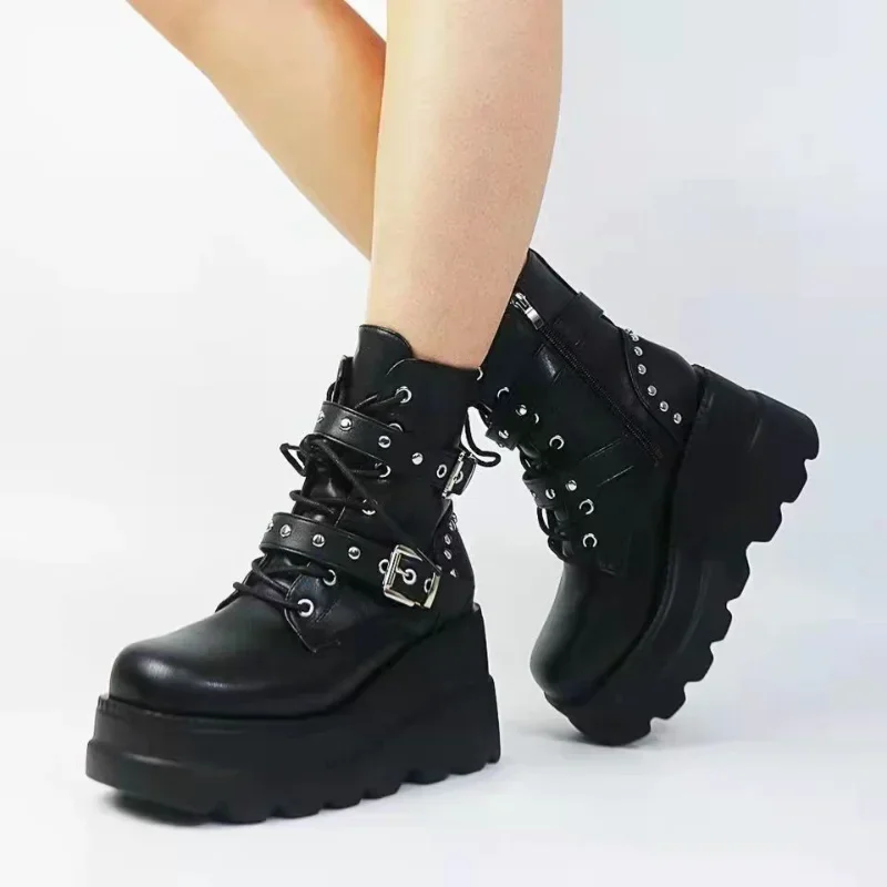 New Women's Pu Leather Ankle Boots Women Autumn Winter Round Toe Lace Up Shoes Woman Motorcycle Platform Botas Gothic Shoes