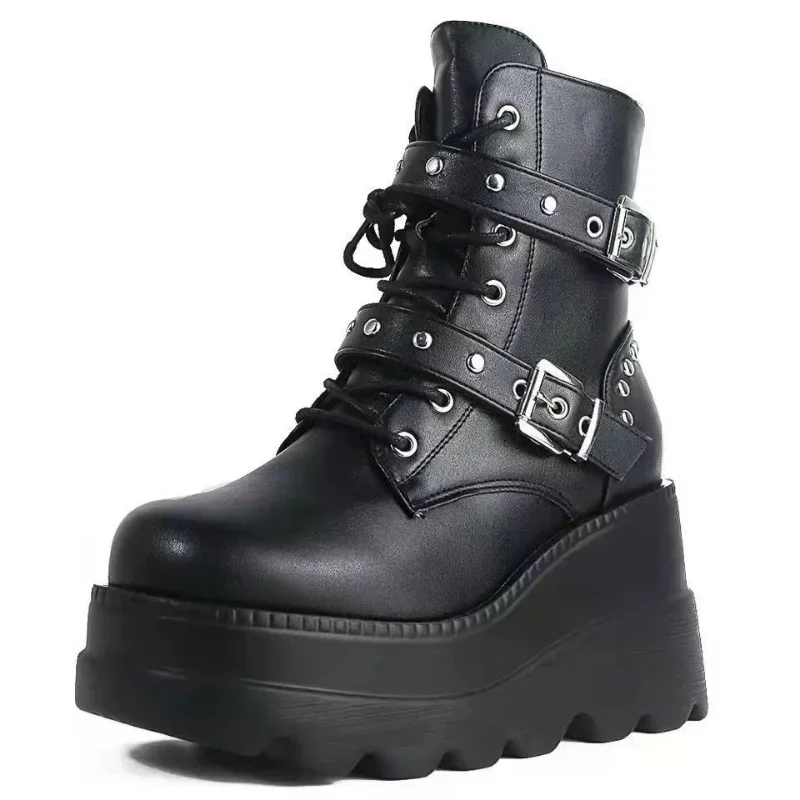 New Women's Pu Leather Ankle Boots Women Autumn Winter Round Toe Lace Up Shoes Woman Motorcycle Platform Botas Gothic Shoes