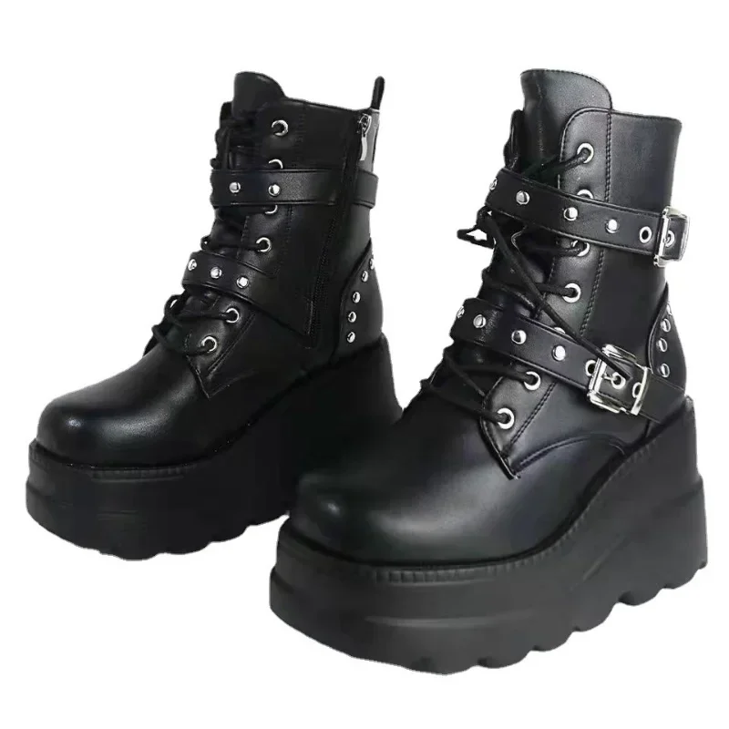 New Women's Pu Leather Ankle Boots Women Autumn Winter Round Toe Lace Up Shoes Woman Motorcycle Platform Botas Gothic Shoes