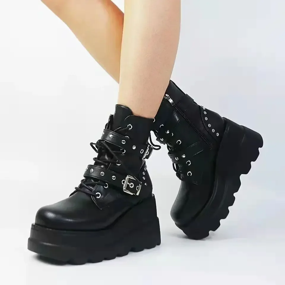 New Women's Pu Leather Ankle Boots Women Autumn Winter Round Toe Lace Up Shoes Woman Motorcycle Platform Botas Gothic Shoes