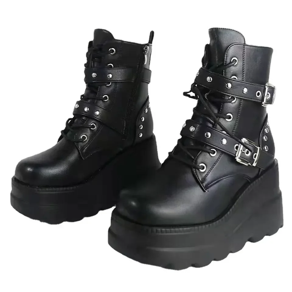 New Women's Pu Leather Ankle Boots Women Autumn Winter Round Toe Lace Up Shoes Woman Motorcycle Platform Botas Gothic Shoes