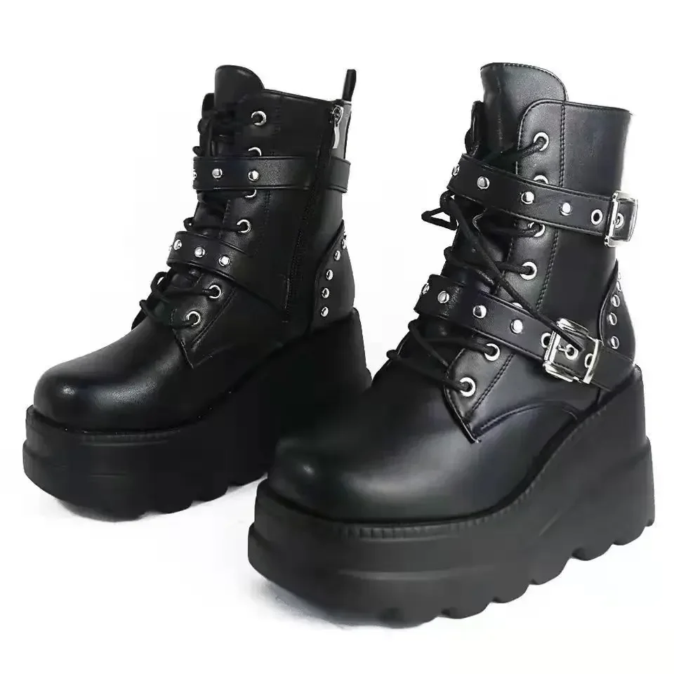 New Women's Pu Leather Ankle Boots Women Autumn Winter Round Toe Lace Up Shoes Woman Motorcycle Platform Botas Gothic Shoes