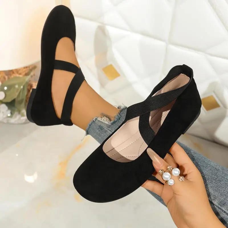French Retro Red Suede Ballet Flats Women 2026 Spring Cross Strap Flat Heel Red Velvet Mary Jane Shoes Plus Size Woman's Loafers