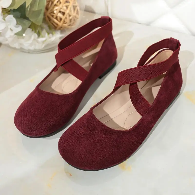 French Retro Red Suede Ballet Flats Women 2026 Spring Cross Strap Flat Heel Red Velvet Mary Jane Shoes Plus Size Woman's Loafers